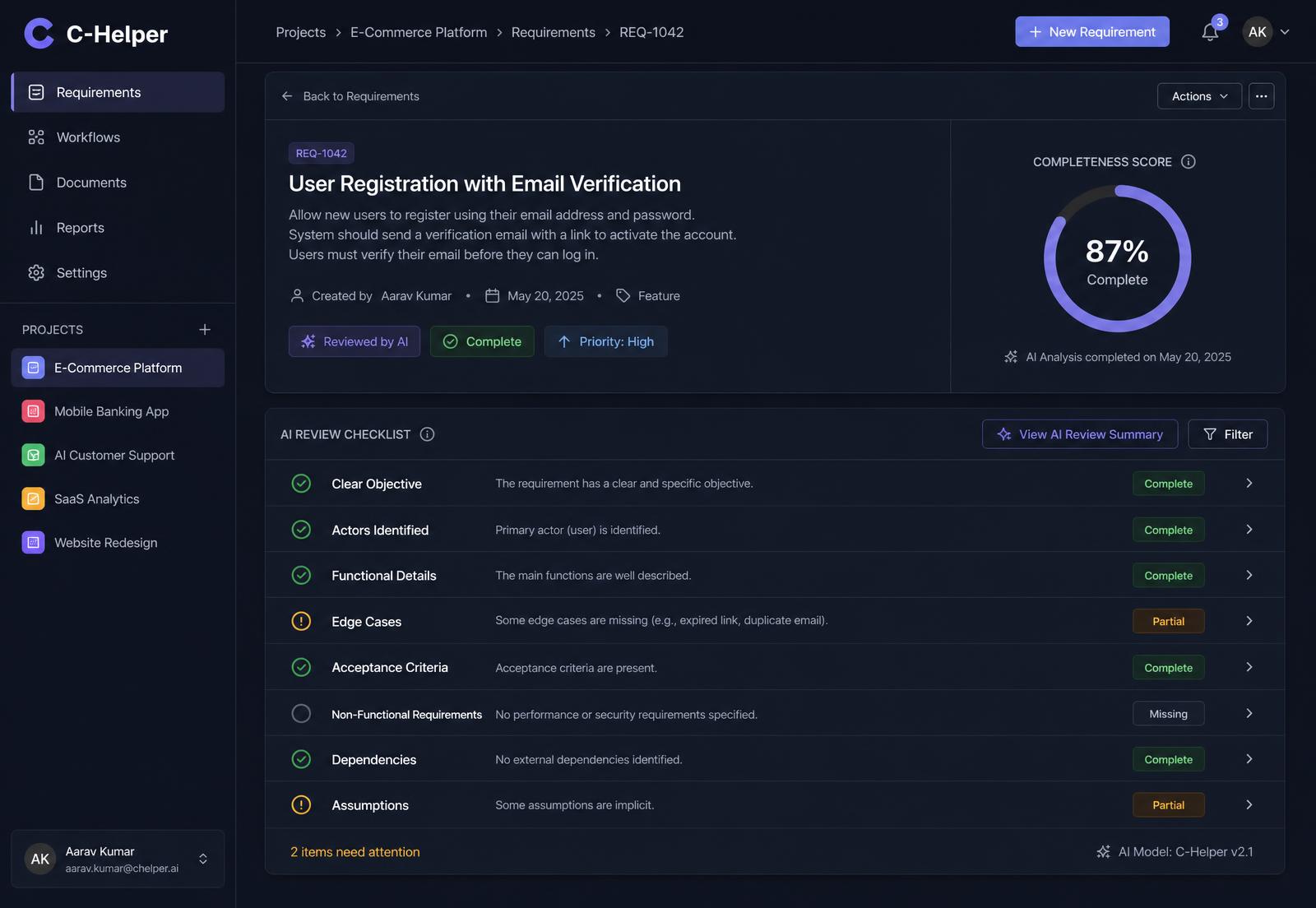 C-Helper reviewing a requirement with an AI completeness score